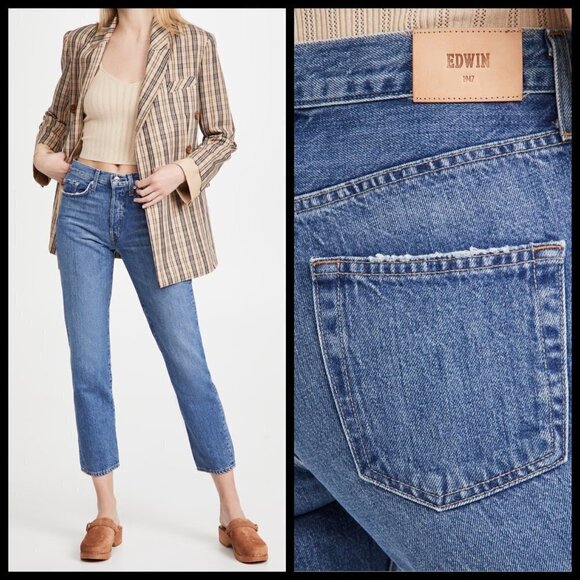 💕EDWIN💕 Cai High Waist Straight Leg Jeans Lumineer 100% Cotton Rigid 32 NWT - Picture 1 of 16